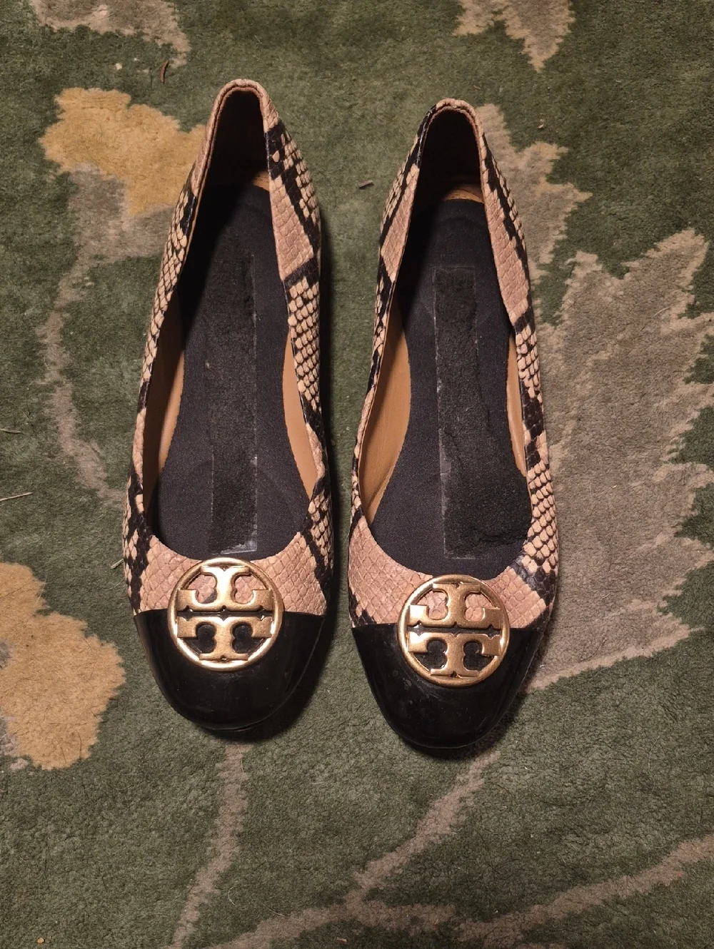 Tory Burch Snake-Print Ballet Flats with Black Patent Toe and Gold Logo